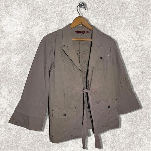 G.I.L.I Tan Long Sleeve Ruched Untility Jacket w/ Tie Closure - Picture 3 of 6